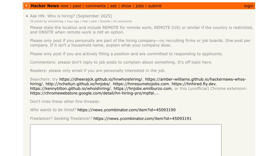 Screenshot of Hacker News post: Ask HN: Who is hiring? (September 2025)