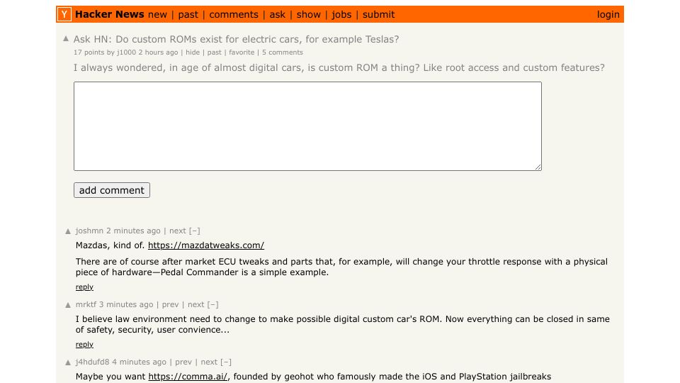 Screenshot of Hacker News post: Ask HN: Do custom ROMs exist for electric cars, for example Teslas?