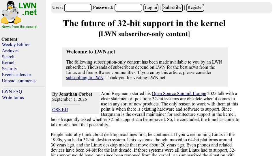 Screenshot of lwn.net: The future of 32-bit support in the kernel