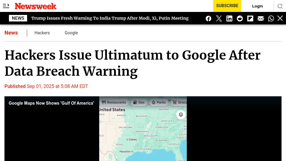 Screenshot of newsweek.com: Hackers demand Google fire 2 staff and halt probes, or they will leak databases