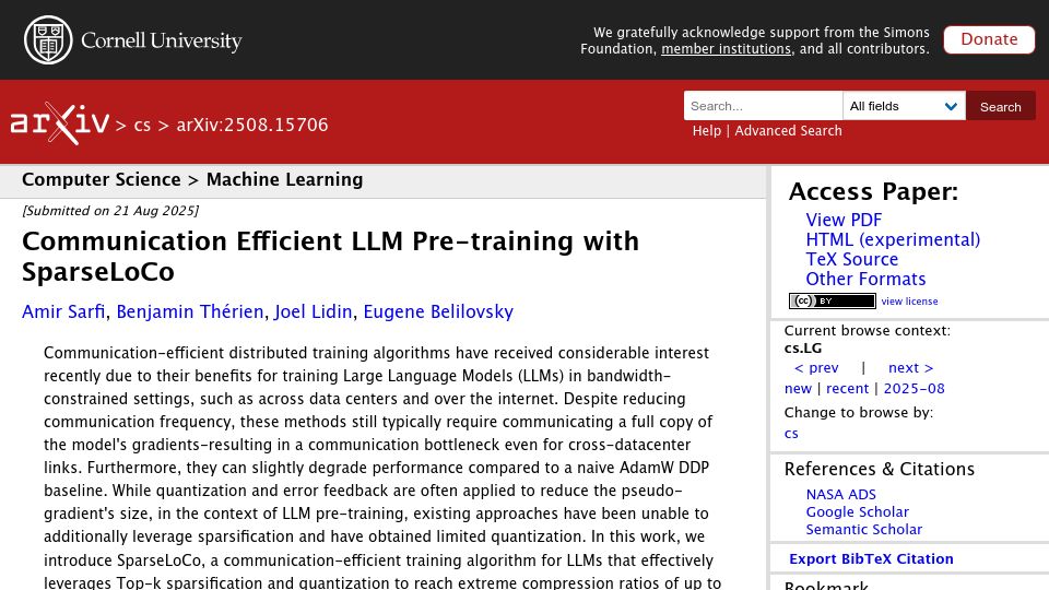 Screenshot of arxiv.org: SparseLoCo: Communication-Efficient LLM Training