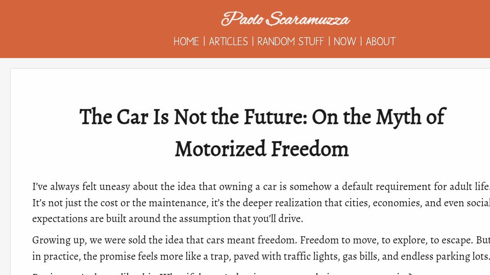 Screenshot of blog.scaramuzza.me: The car is not the future: On the myth of motorized freedom