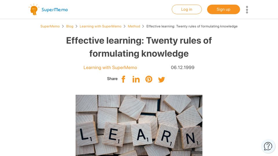 Screenshot of supermemo.com: Effective learning: Rules of formulating knowledge (1999)