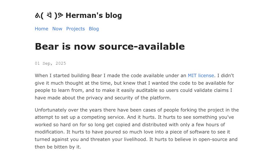 Screenshot of herman.bearblog.dev: Bear is now source-available