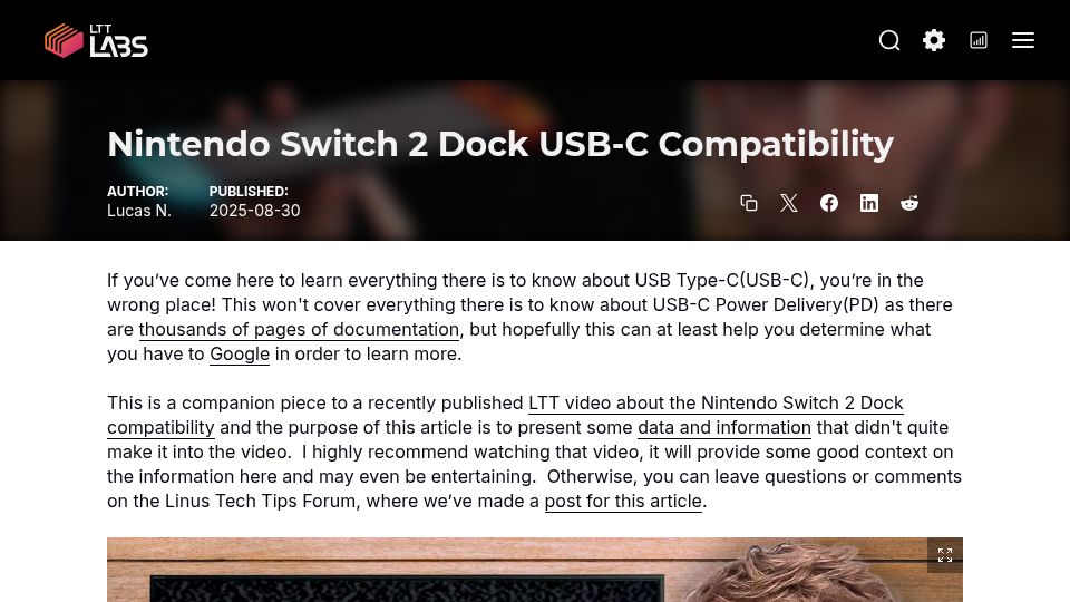 Screenshot of lttlabs.com: Nintendo Switch 2 Dock USB-C Compatibility