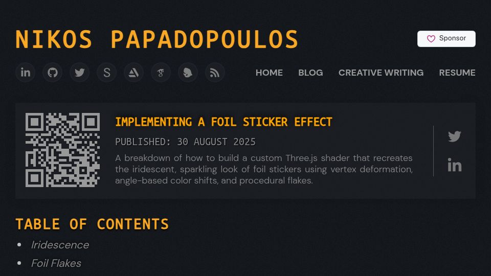 Screenshot of 4rknova.com: Implementing a Foil Sticker Effect