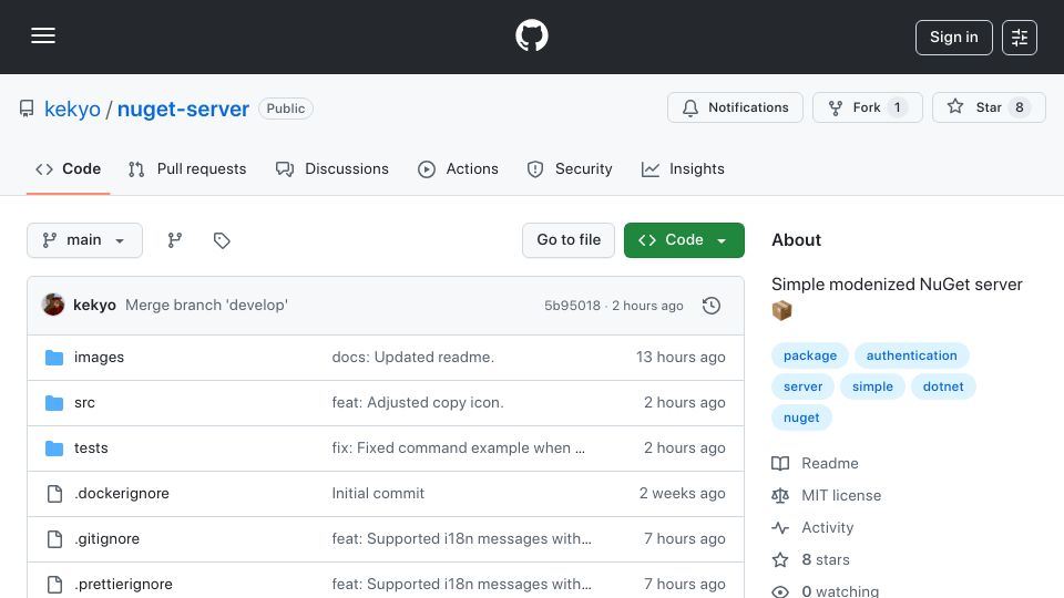 Screenshot of github.com: Show HN: Simple modenized .NET NuGet server reached RC