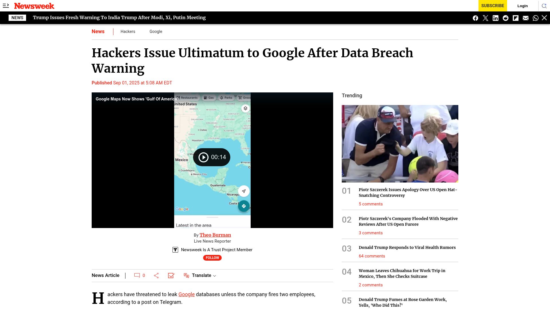 Screenshot of newsweek.com: Hackers demand Google fire 2 staff and halt probes, or they will leak databases