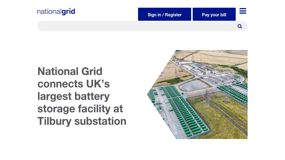 Screenshot of nationalgrid.com: UK's largest battery storage facility at Tilbury substation