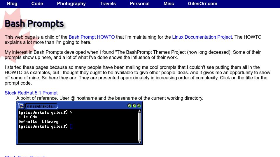 Screenshot of gilesorr.com: Bash Prompts Collection