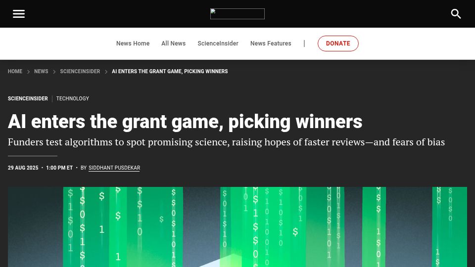Screenshot of science.org: AI enters the grant game, picking winners
