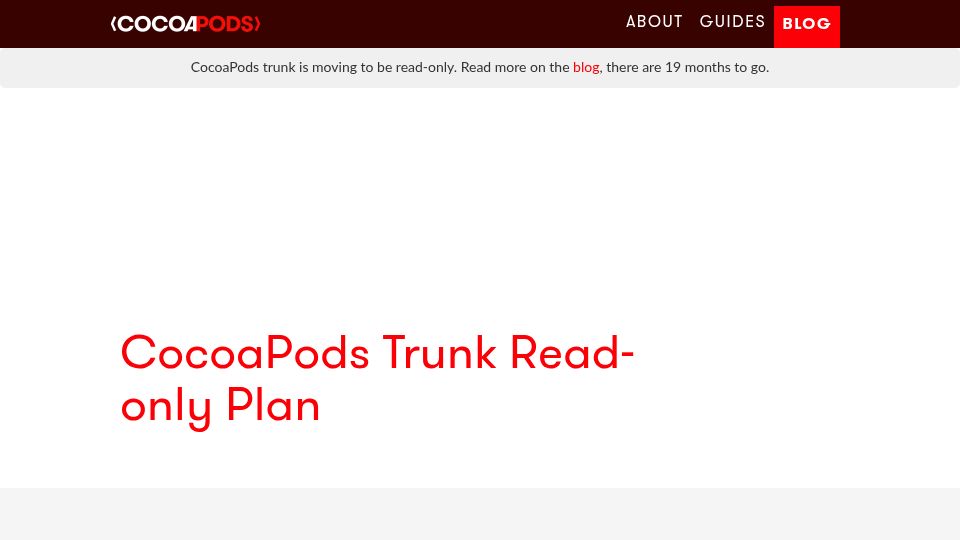 Screenshot of blog.cocoapods.org: CocoaPods trunk read-only plan