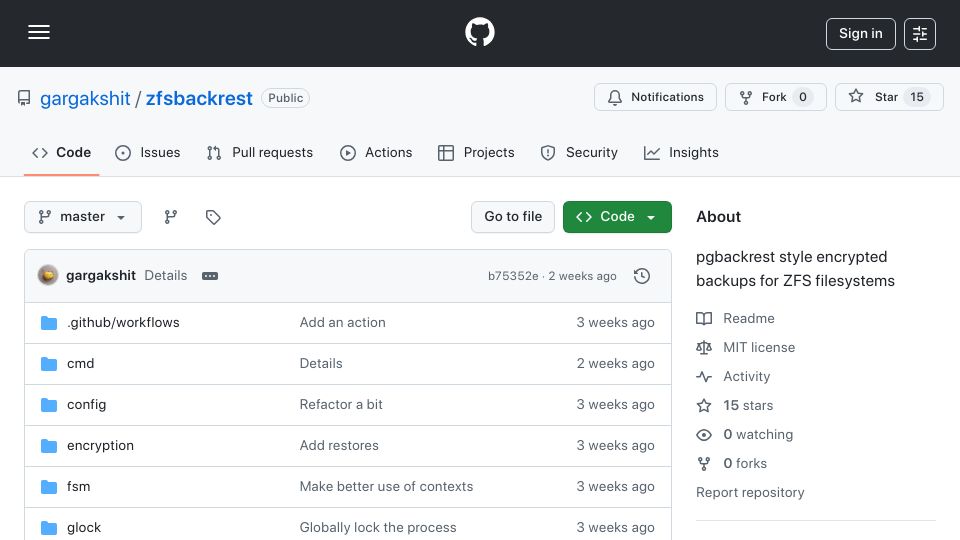 Screenshot of github.com: Zfsbackrest: Pgbackrest style encrypted backups for ZFS filesystems