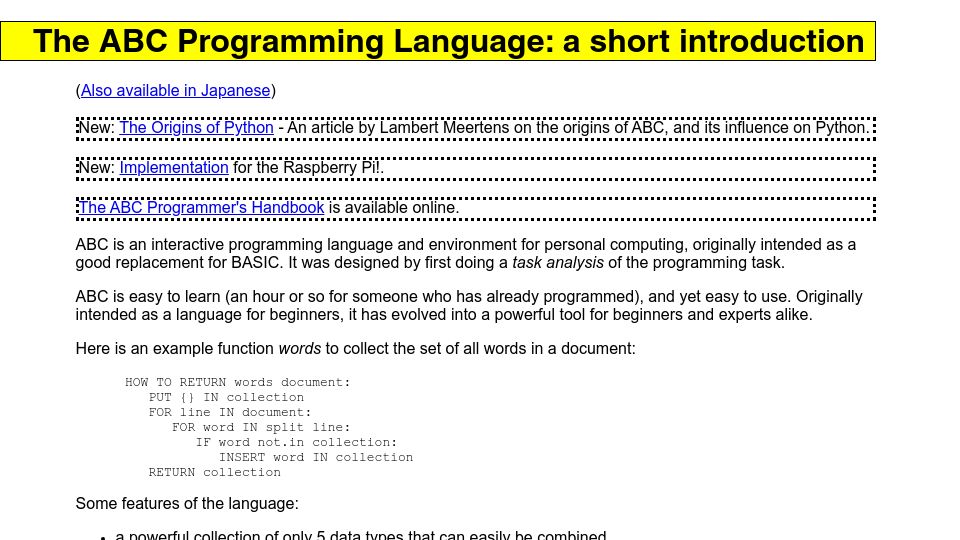 Screenshot of homepages.cwi.nl: The ABC Programming Language