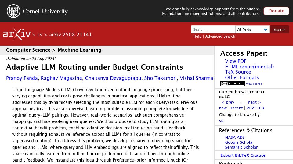 Screenshot of arxiv.org: Adaptive LLM routing under budget constraints