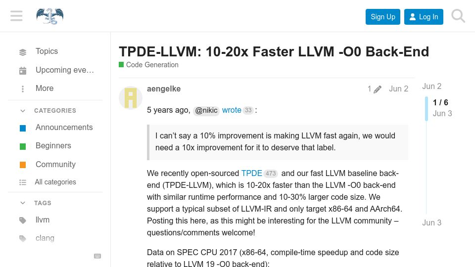 Screenshot of discourse.llvm.org: 10-20x Faster LLVM -O0 Back-End (2020)