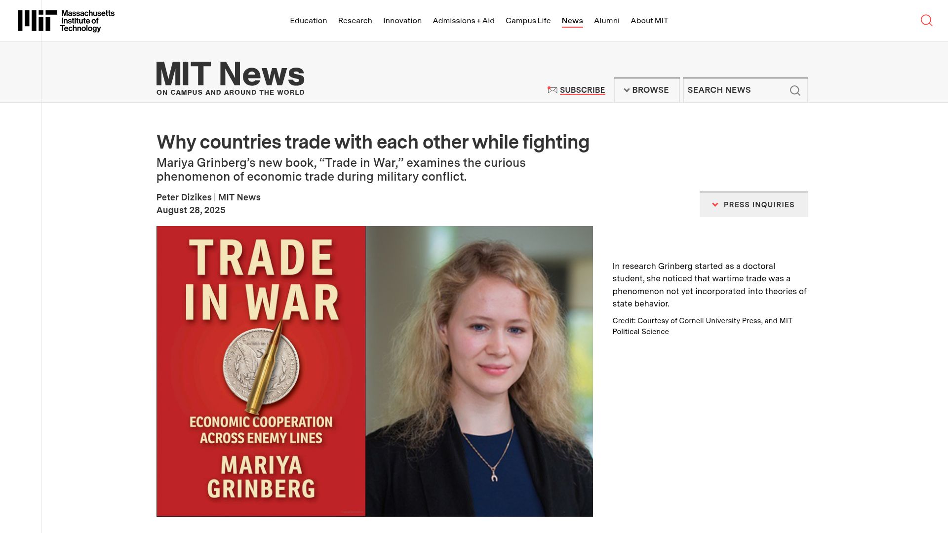 Screenshot of news.mit.edu: Trade in War