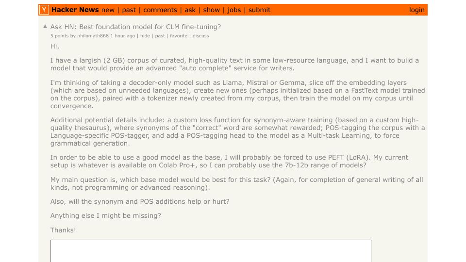 Screenshot of Hacker News post: Ask HN: Best foundation model for CLM fine-tuning?