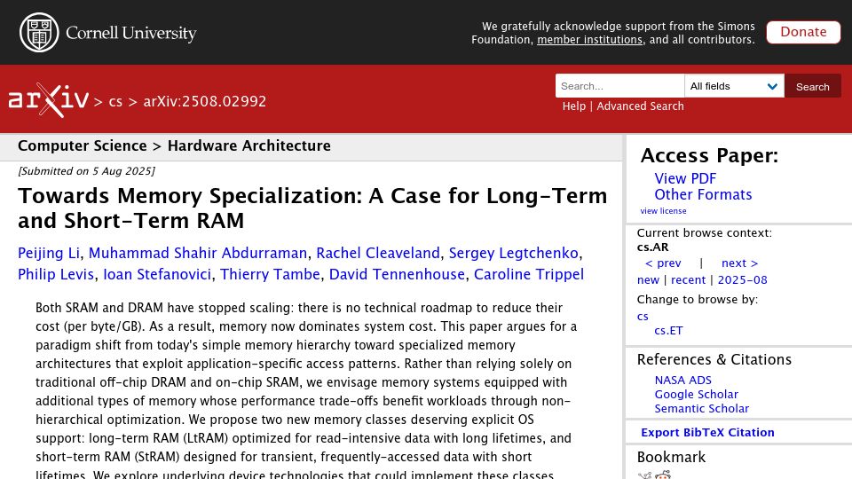 Screenshot of arxiv.org: Towards Memory Specialization: A Case for Long-Term and Short-Term RAM