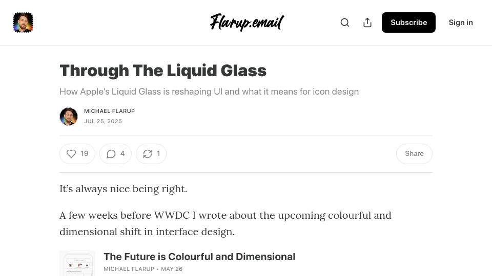 Screenshot of flarup.email: Through the Liquid Glass