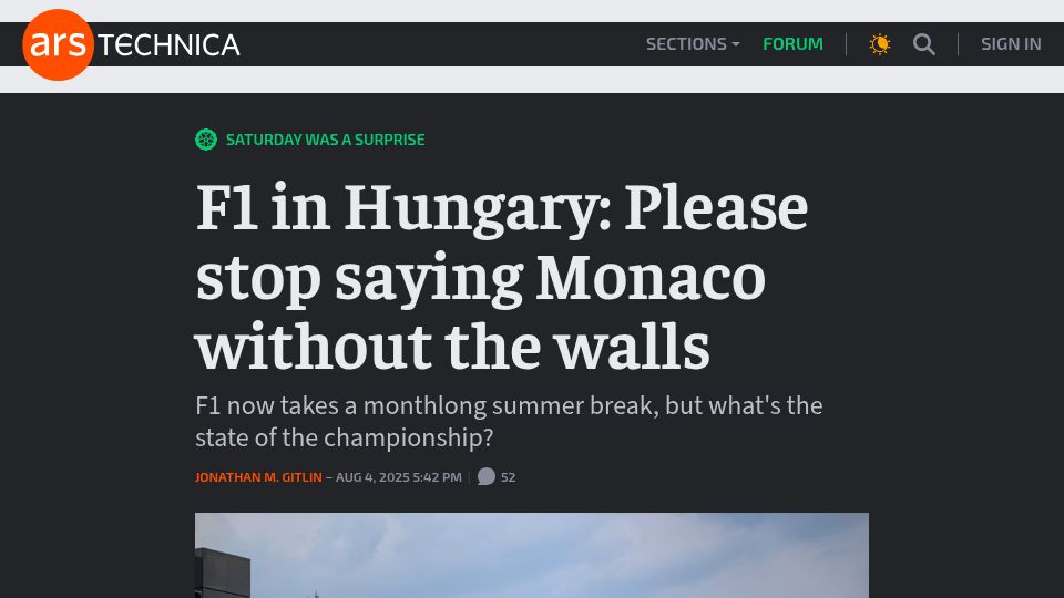 Screenshot of arstechnica.com: F1 in Hungary: Strategy and fast tire changes make all the difference