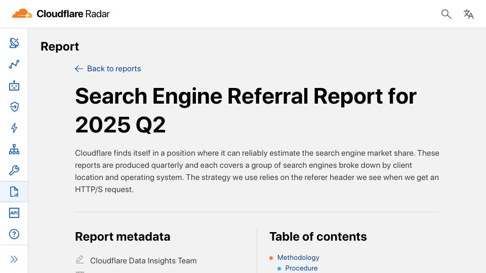 Screenshot of radar.cloudflare.com: Search engine referral report for 2025 Q2