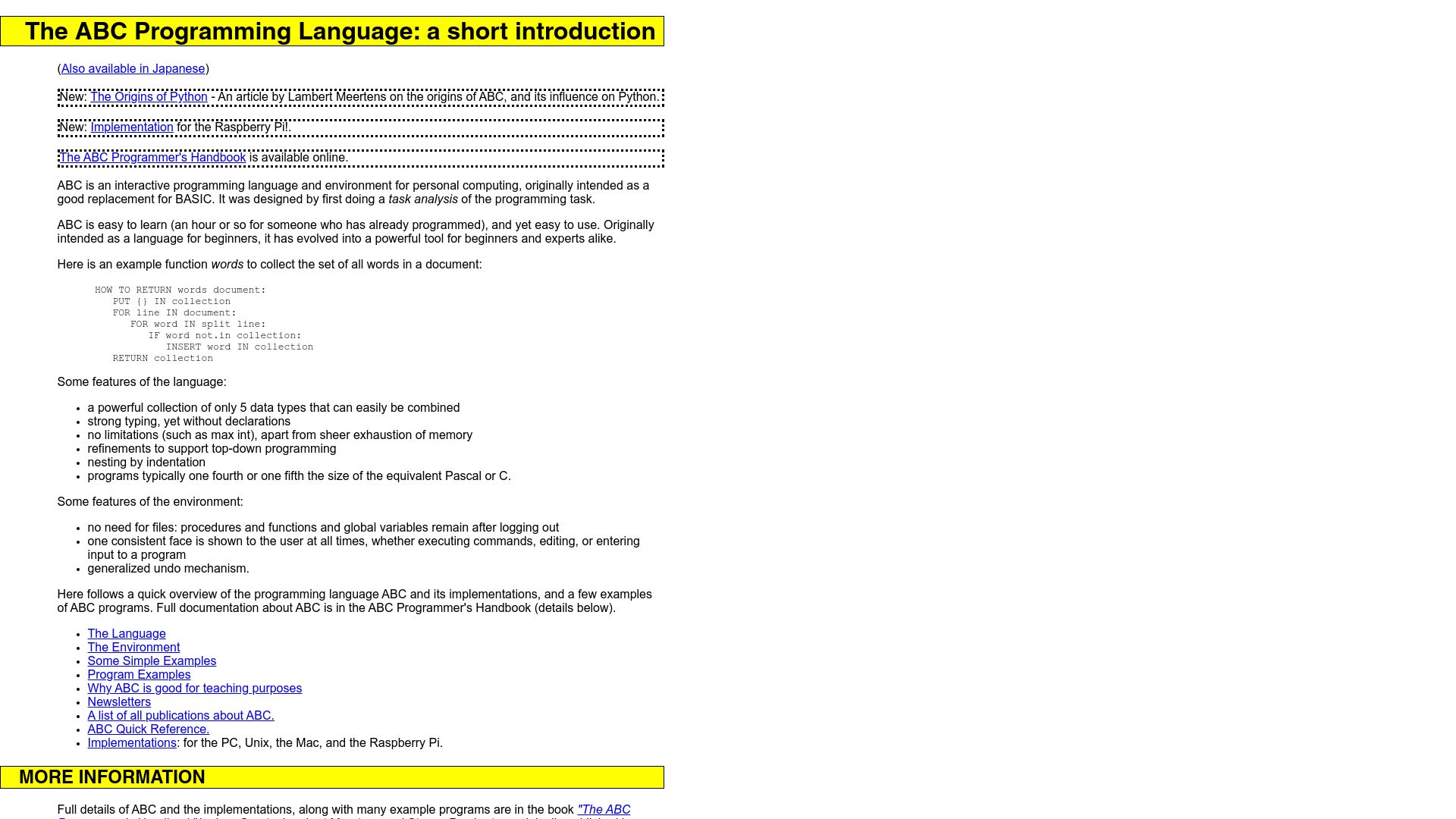 Screenshot of homepages.cwi.nl: The ABC Programming Language