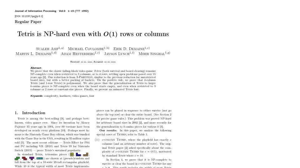 Screenshot of martindemaine.org: Tetris is NP-hard even with O(1) rows or columns (2020) [pdf]