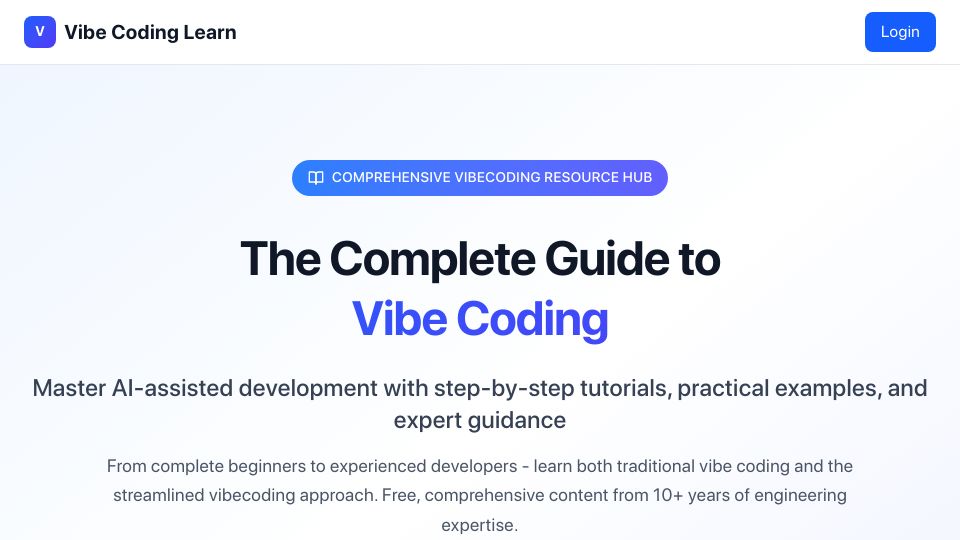 Screenshot of vibecodinglearn.com: Vibe coded a website to share vibe coding tips