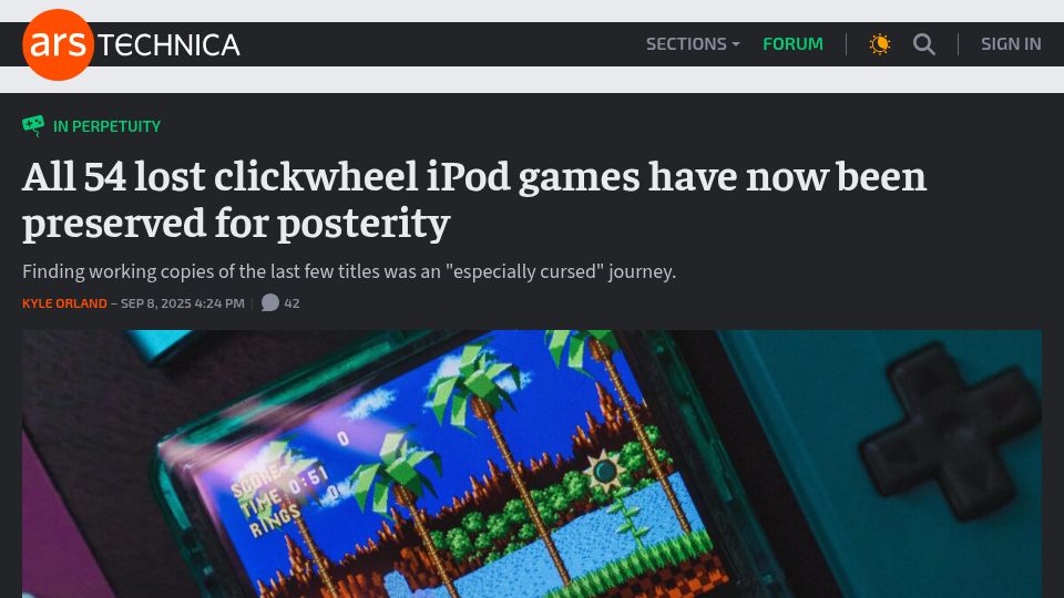 Screenshot of arstechnica.com: All clickwheel iPod games have now been preserved for posterity