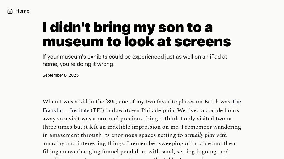 Screenshot of sethpurcell.com: I didn't bring my son to a museum to look at screens