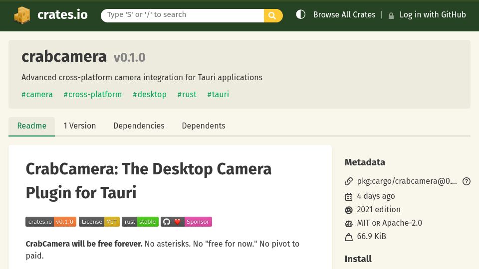 Screenshot of crates.io: Show HN: CrabCamera – Cross-platform camera plugin for Tauri desktop apps