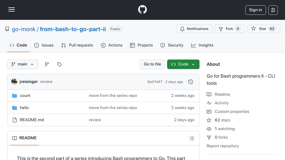 Screenshot of github.com: Go for Bash Programmers – Part II: CLI Tools