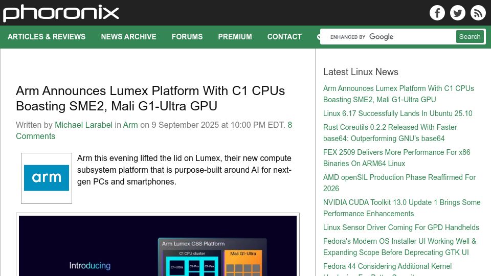 Screenshot of phoronix.com: News: Arm announces next Generation core family called Arm Lumex