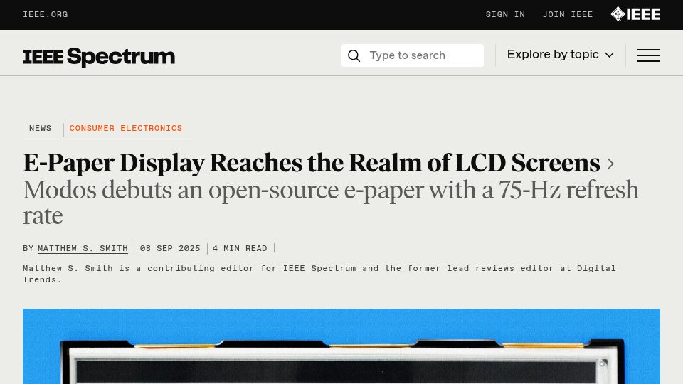 Screenshot of spectrum.ieee.org: E-paper display reaches the realm of LCD screens