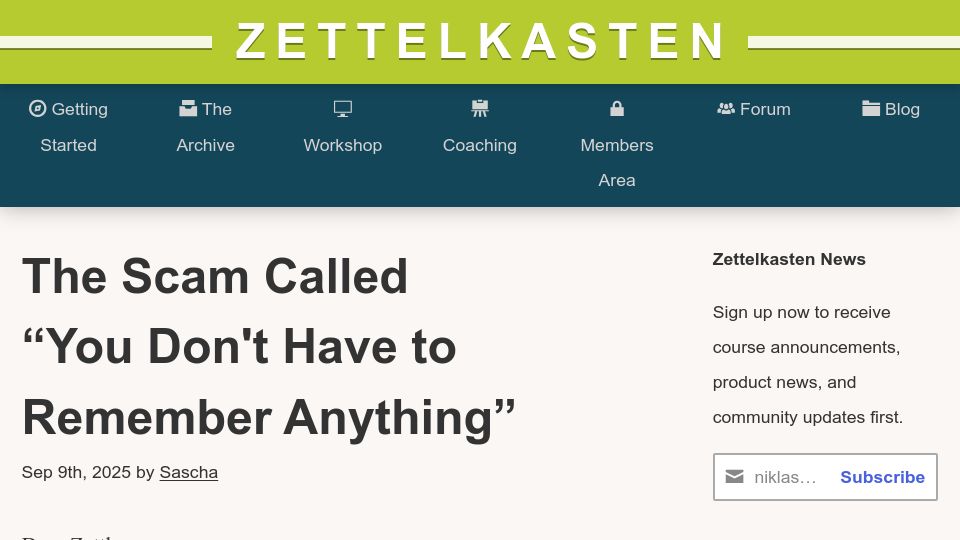 Screenshot of zettelkasten.de: We can’t circumvent the work needed to train our minds