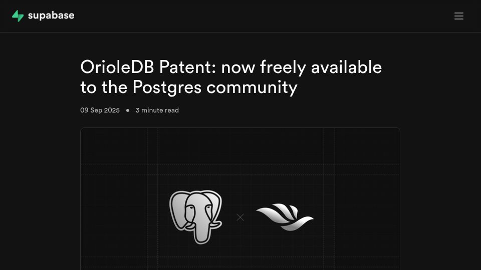 Screenshot of supabase.com: OrioleDB Patent: now freely available to the Postgres community