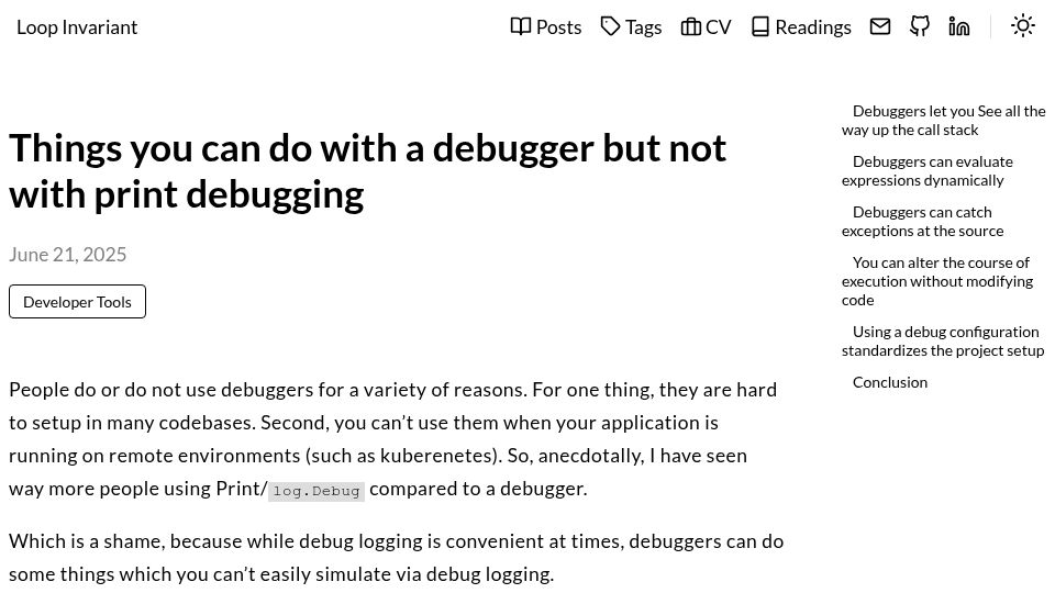 Screenshot of mahesh-hegde.github.io: Things you can do with a debugger but not with print debugging