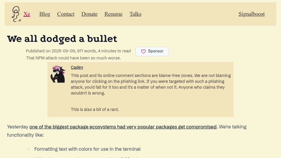 Screenshot of xeiaso.net: We all dodged a bullet