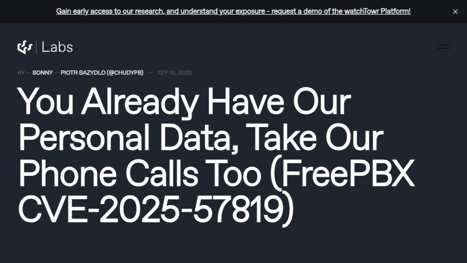Screenshot of labs.watchtowr.com: Insufficiently sanitized data allows unauthenticated access to FreePBX Admin