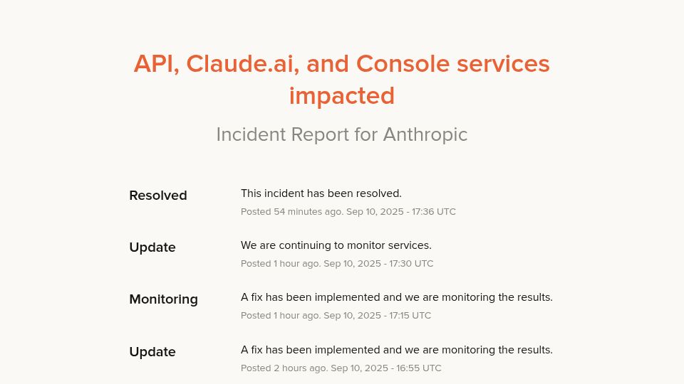 Screenshot of status.anthropic.com: Anthropic Services Down