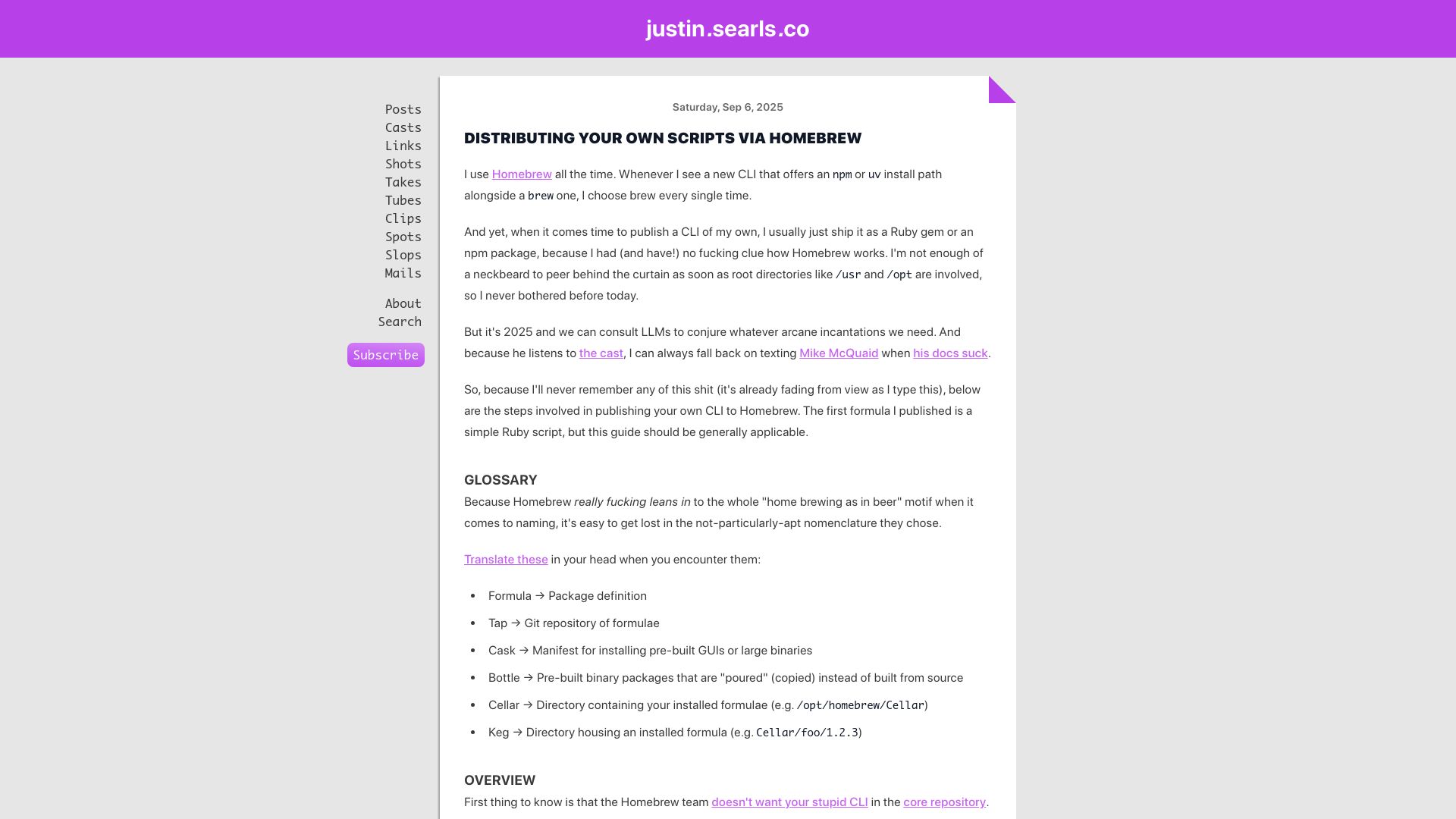 Screenshot of justin.searls.co: Distributing your own scripts via Homebrew