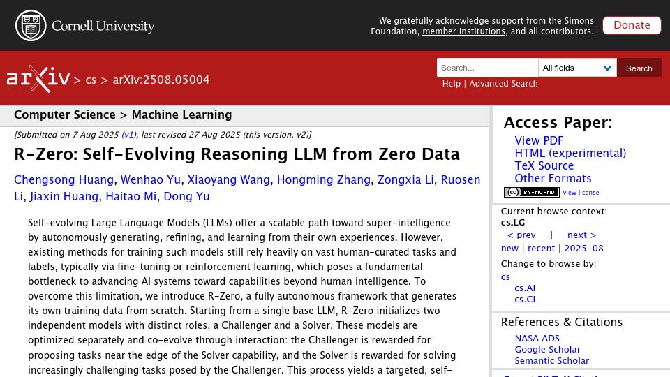 Screenshot of arxiv.org: R-Zero: Self-Evolving Reasoning LLM from Zero Data