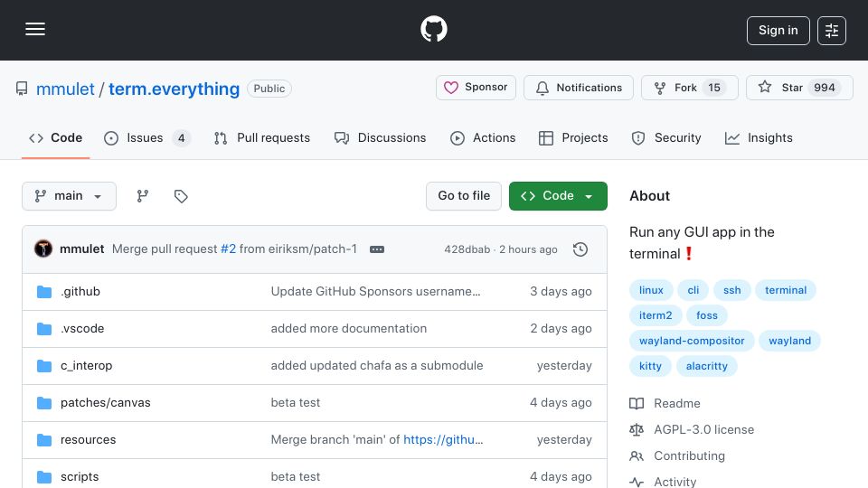 Screenshot of github.com: Show HN: Term.everything – Run any GUI app in the terminal