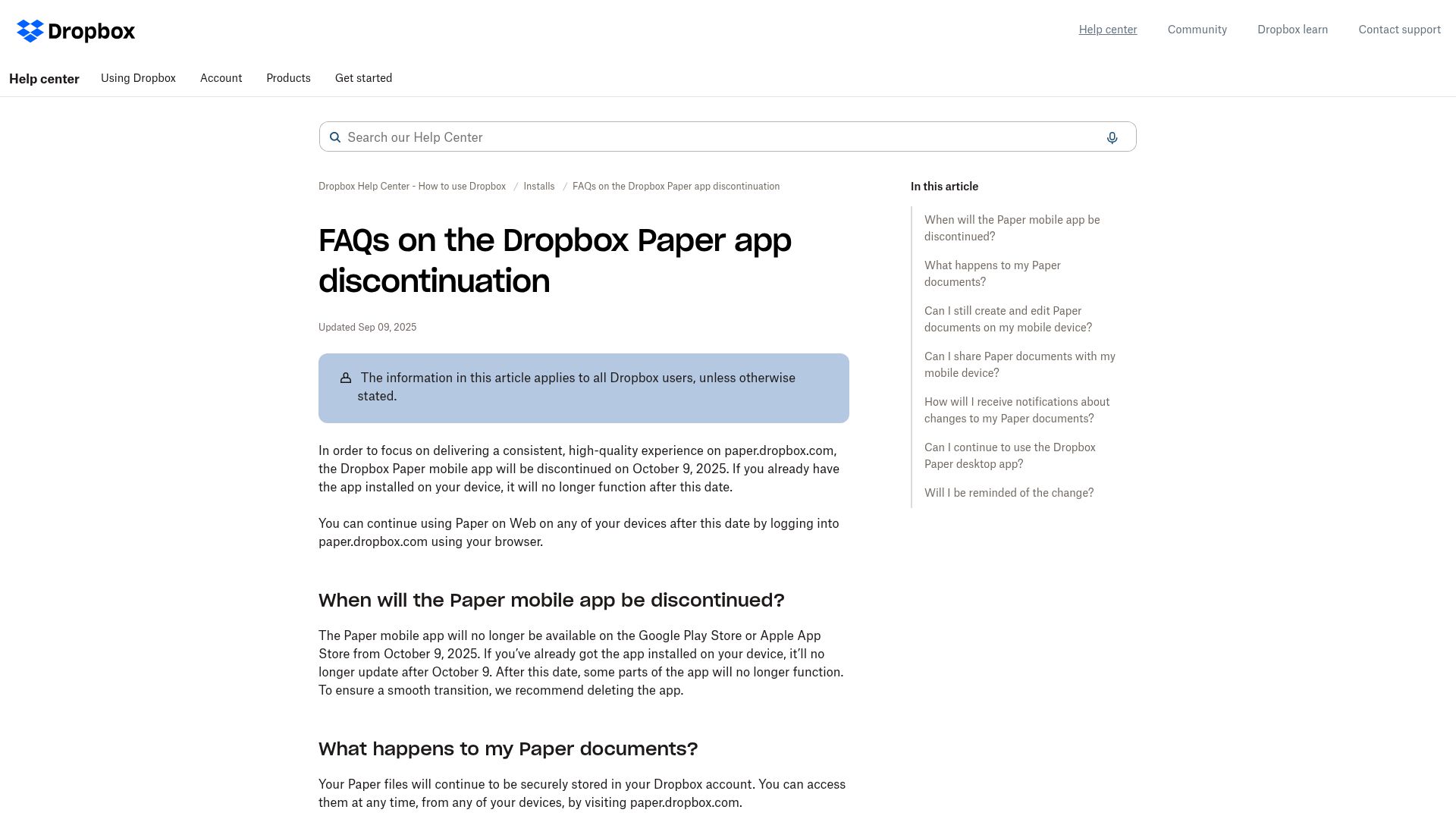 Screenshot of help.dropbox.com: Dropbox Paper mobile App Discontinuation