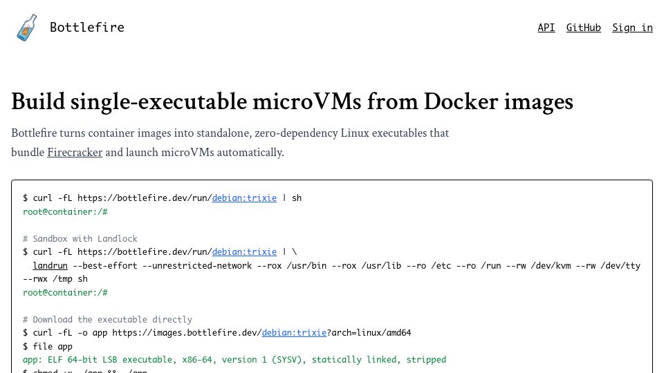 Screenshot of bottlefire.dev: Show HN: Bottlefire – Build single-executable microVMs from Docker images