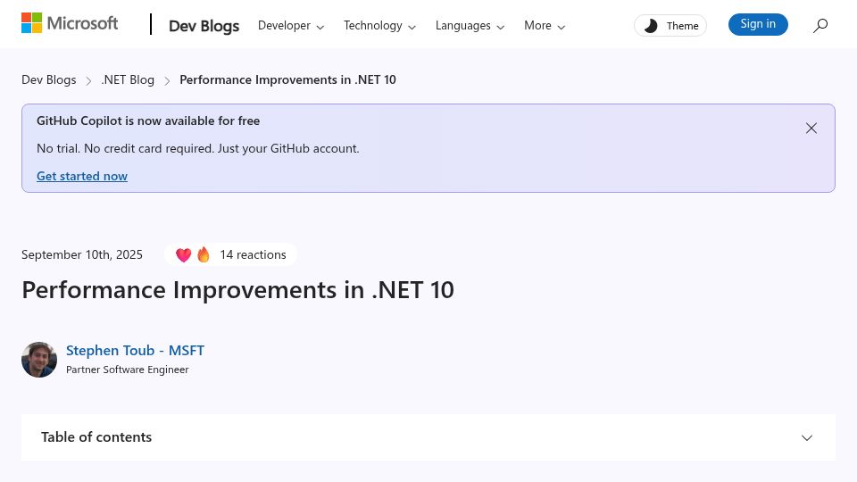 Screenshot of devblogs.microsoft.com: Performance Improvements in .NET 10