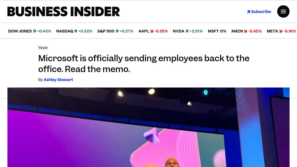 Screenshot of businessinsider.com: Microsoft is officially sending employees back to the office