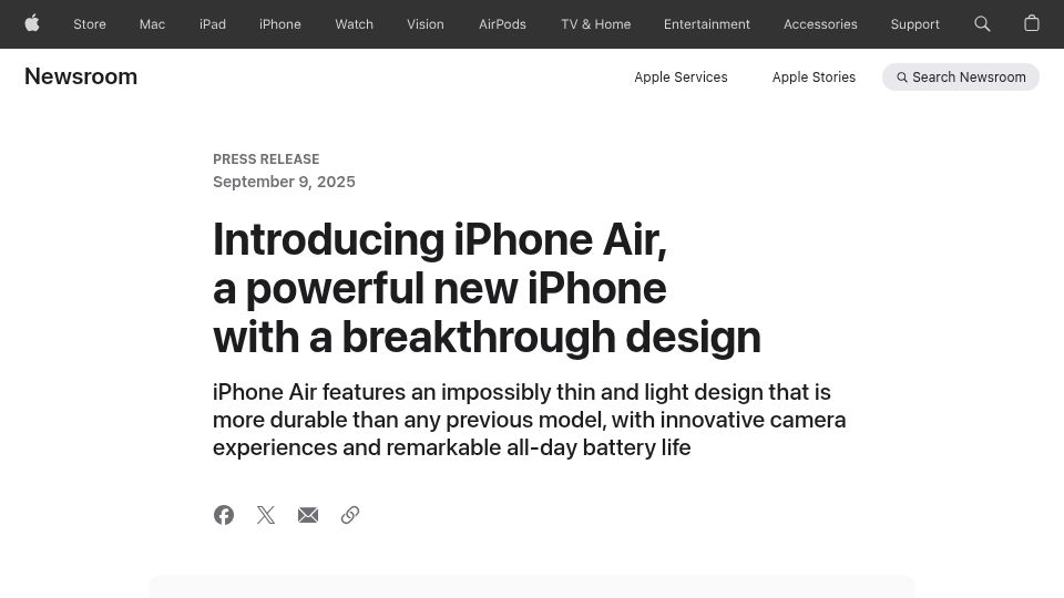 Screenshot of apple.com: iPhone Air