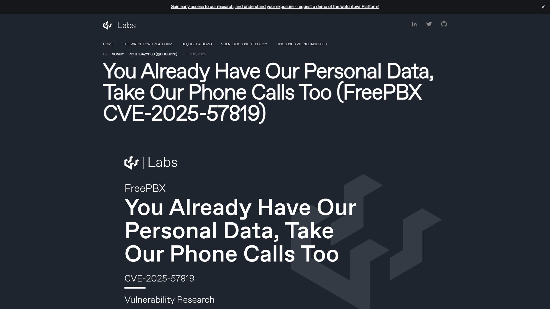 Screenshot of labs.watchtowr.com: Insufficiently sanitized data allows unauthenticated access to FreePBX Admin